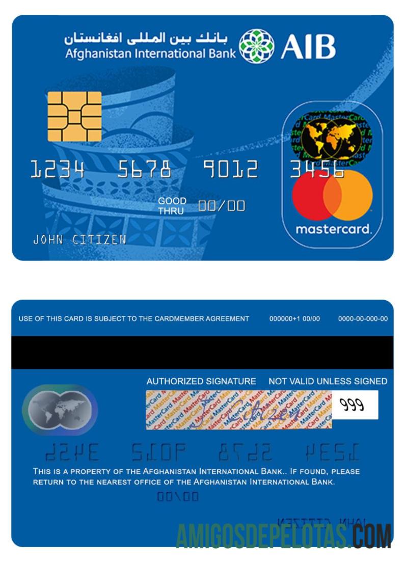 Mastercard pré-pago do Banco Internacional do Afeganistão exemplo